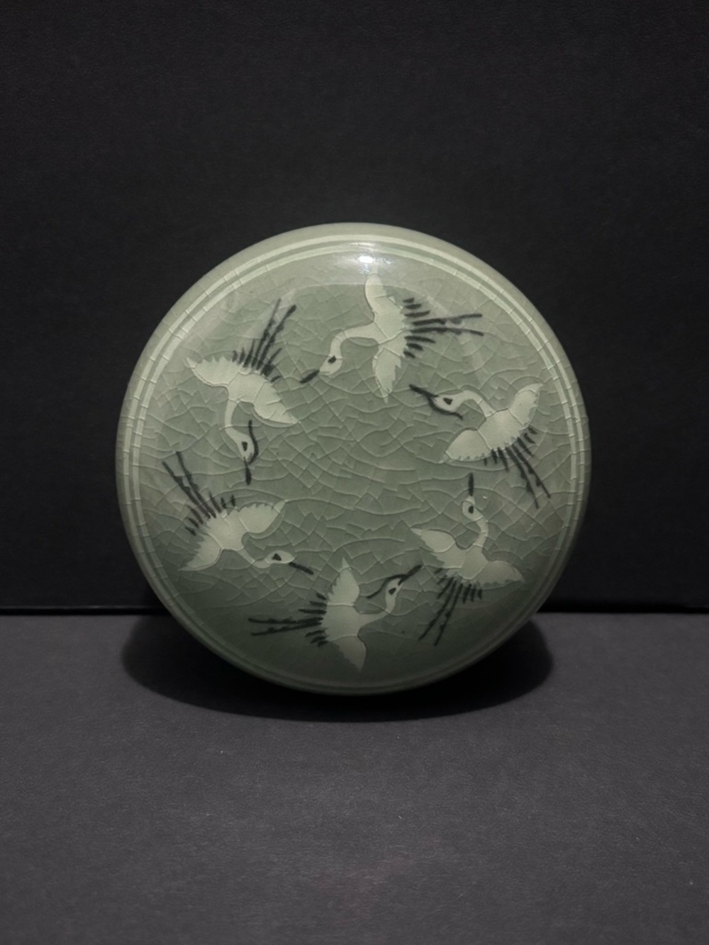Vintage Celadon Crane Circular Small Korean Trinket Box